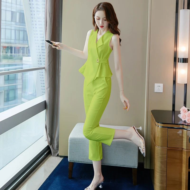 2022 Summer Office Two Piece Suit Set Women Sleeveless Blouse + Pants Suits Workwear Fashion Elegant Ladies Matching Set