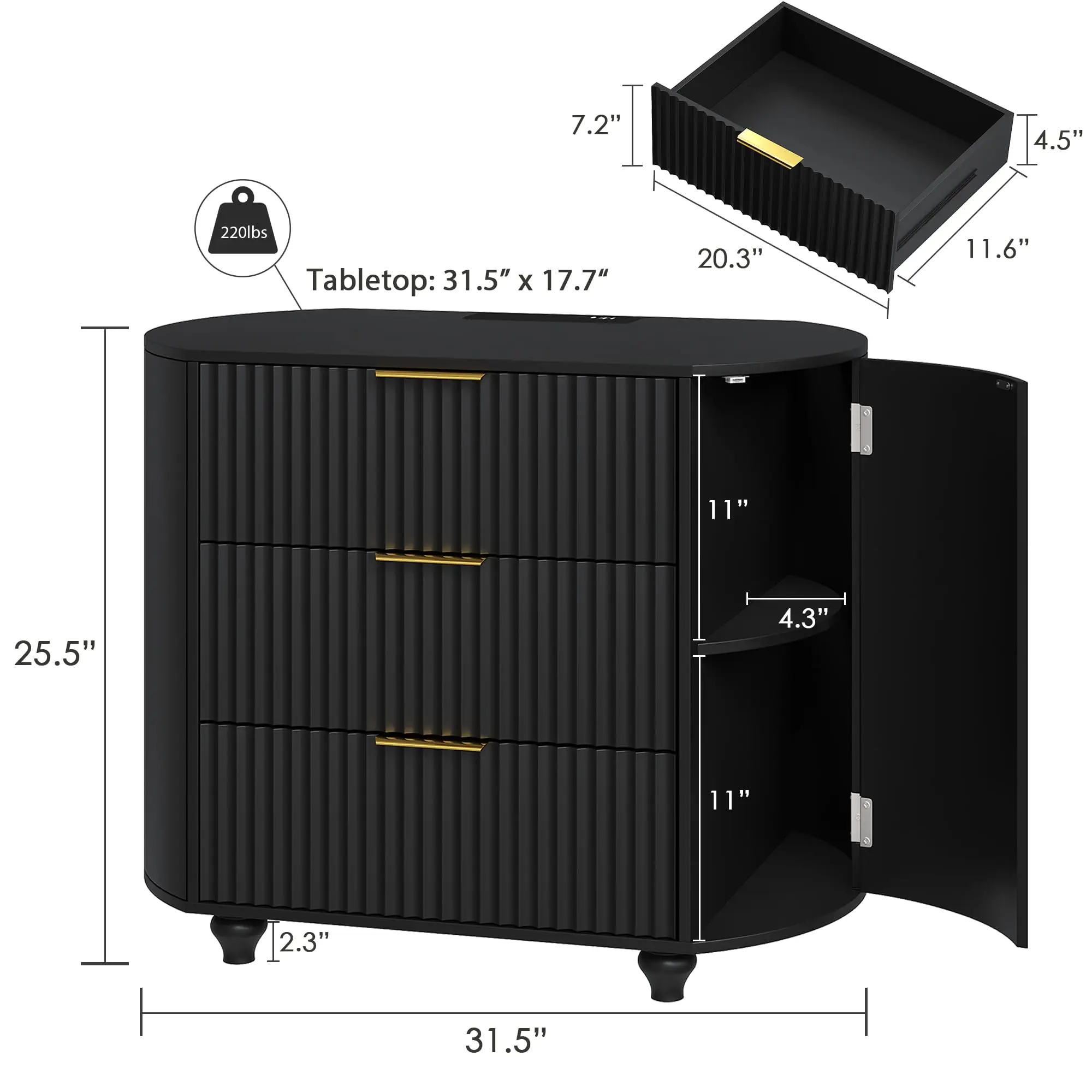 Oversized Nightstand with Charging Station and LED Lights, 31