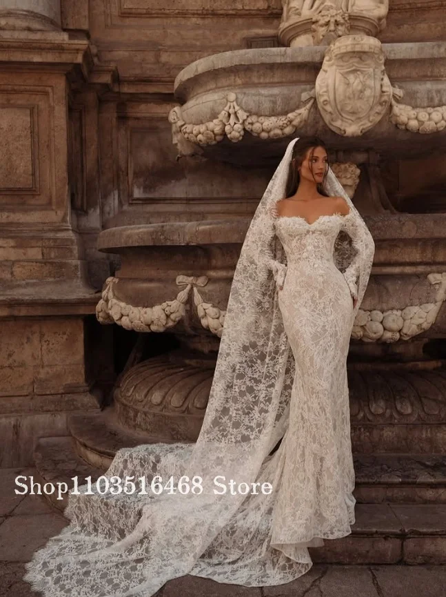 

Ivory Lace Long-Sleeve Wedding Dress Customized Sheer Mermaid Backless Bridal Gown Garden Wedding Engagement Dress Evening Gown