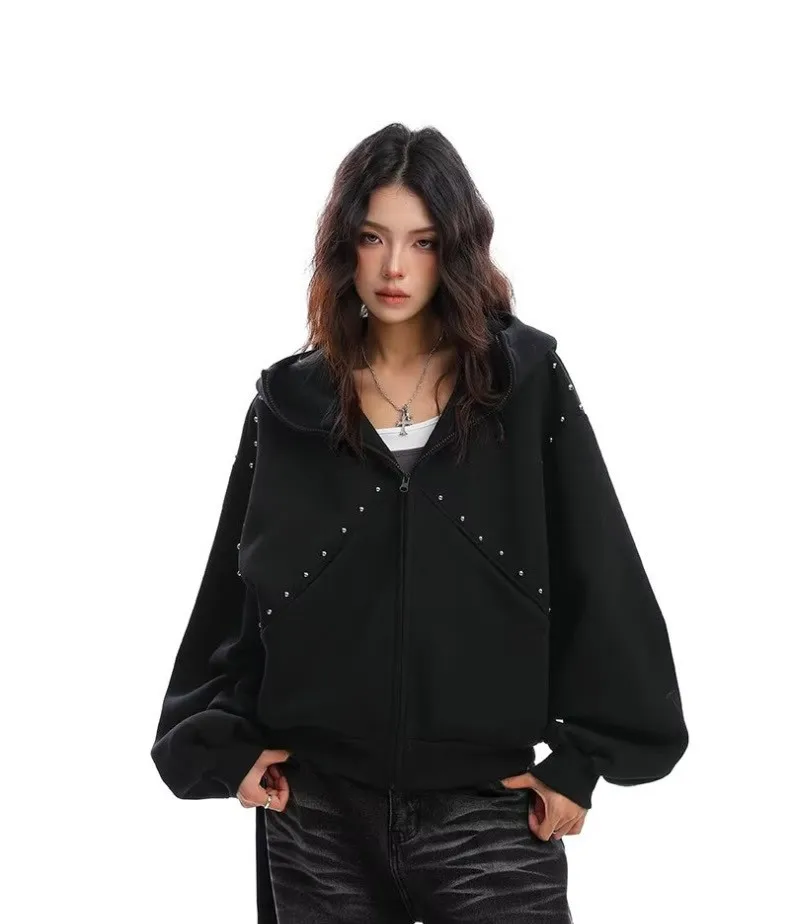 Abrigo con capucha con tachuelas de estilo americano Unisex, jersey de gran tamaño, ropa de calle para pareja, traje de pareja a la moda de otoño y primavera