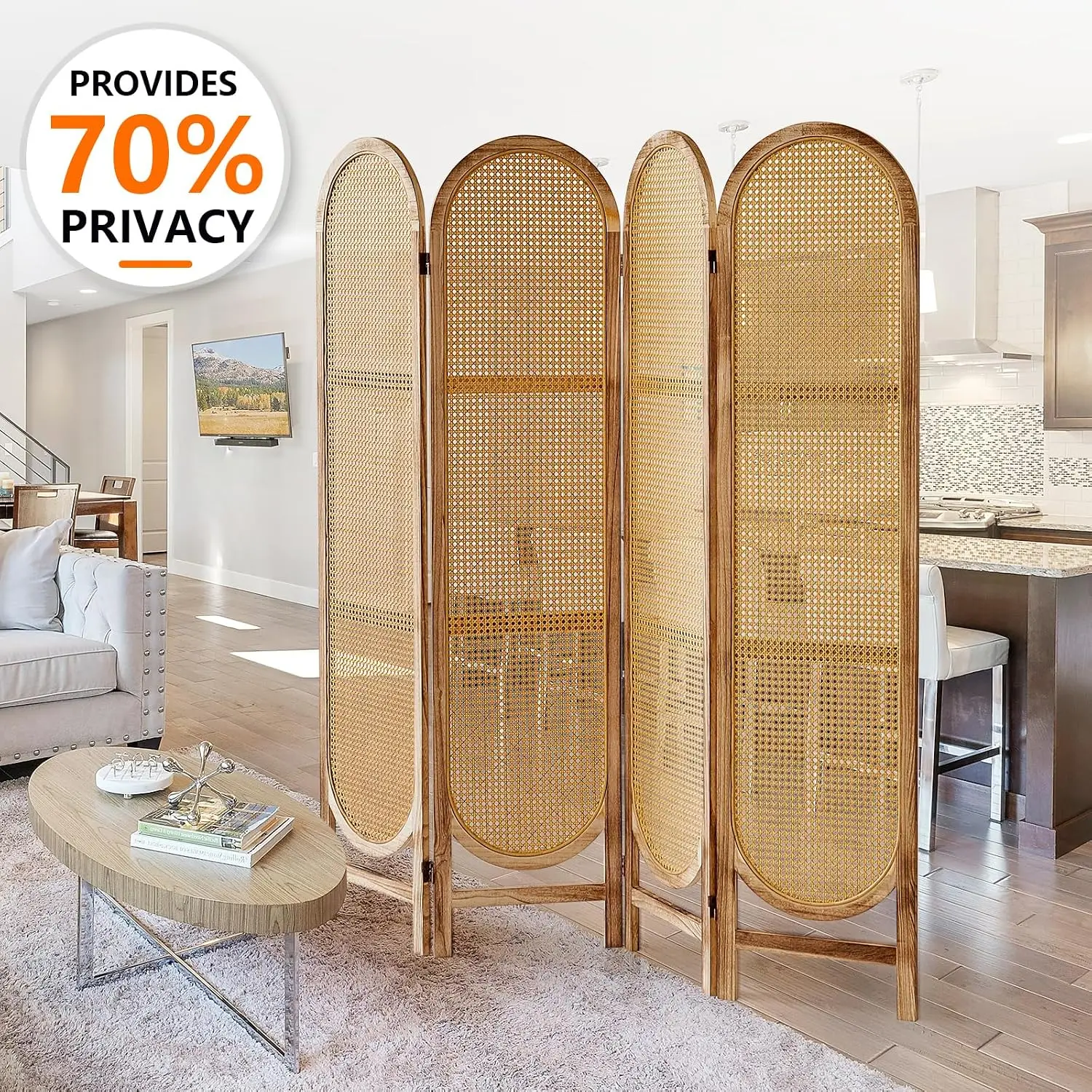 Room Divider 4 Panel Folding Privacy Screen, Rattan Freestanding Wood Frame Partition Wall, Arched Room Separator Bedroom Office Decor Accent, Rustic Boho Style, Natural Pine Wood, Single Piece