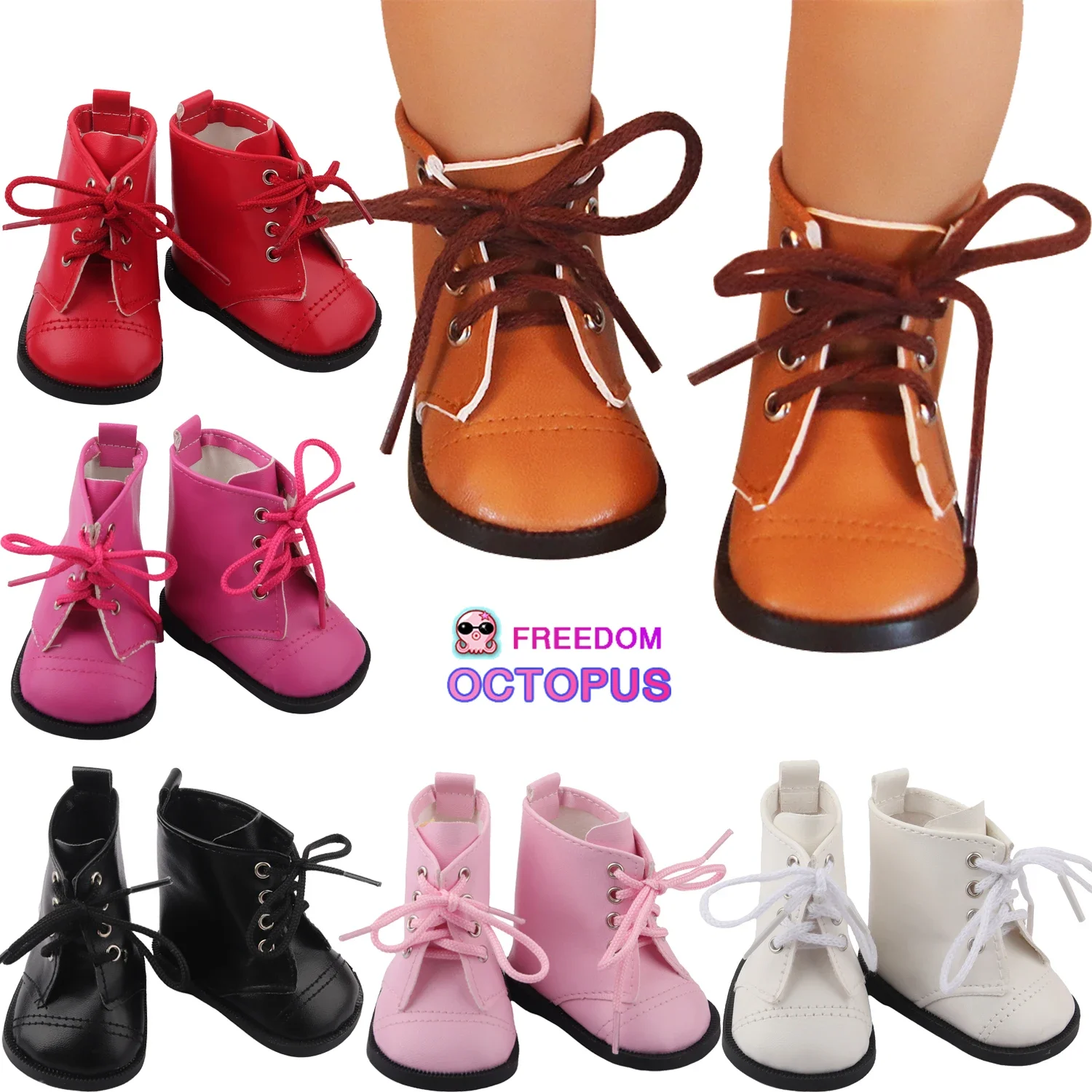 43cm New Born Doll Shoes 7cm Lace-up Leather Boots High-quality PU Shoes For 18inch American 1/3 BJD Russia Baby Girl Dolls Gift