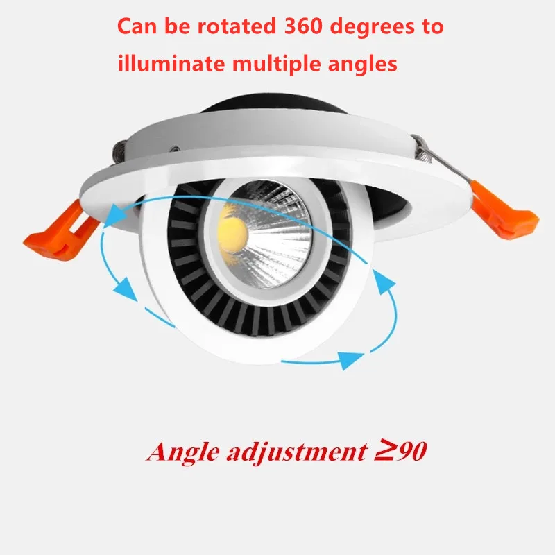 Wpuszczane ściemnialne oprawy LED 360 stopni obrót regulowany 7W/9W12W/15W20W24W reflektor sufitowy światło dla oświetlenie domu