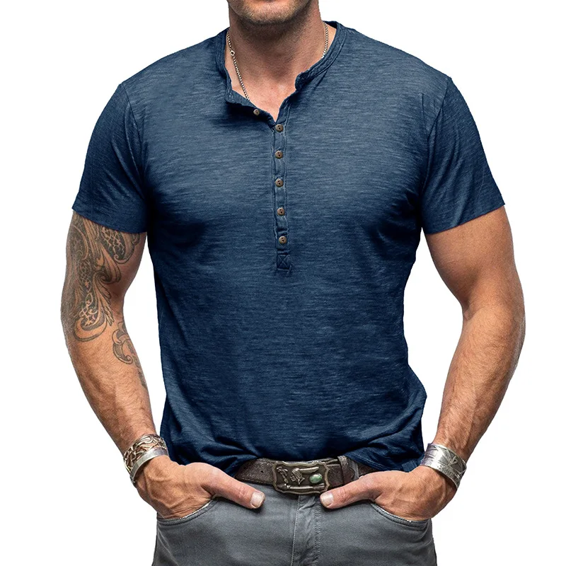 

Men's Summer Outdoor Short Sleeve T Shirt Henley Style Slub Cotton Tee for Foreign Trade