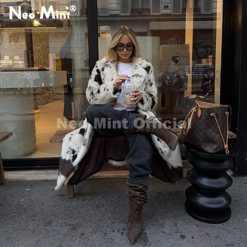 

Neo Mint New 2025 Luxury Hot Brand Fashion Cow Print Long Faux Fur Coat Jacket Women Winter Thick Warm Outerwear Fluffy Overcoat