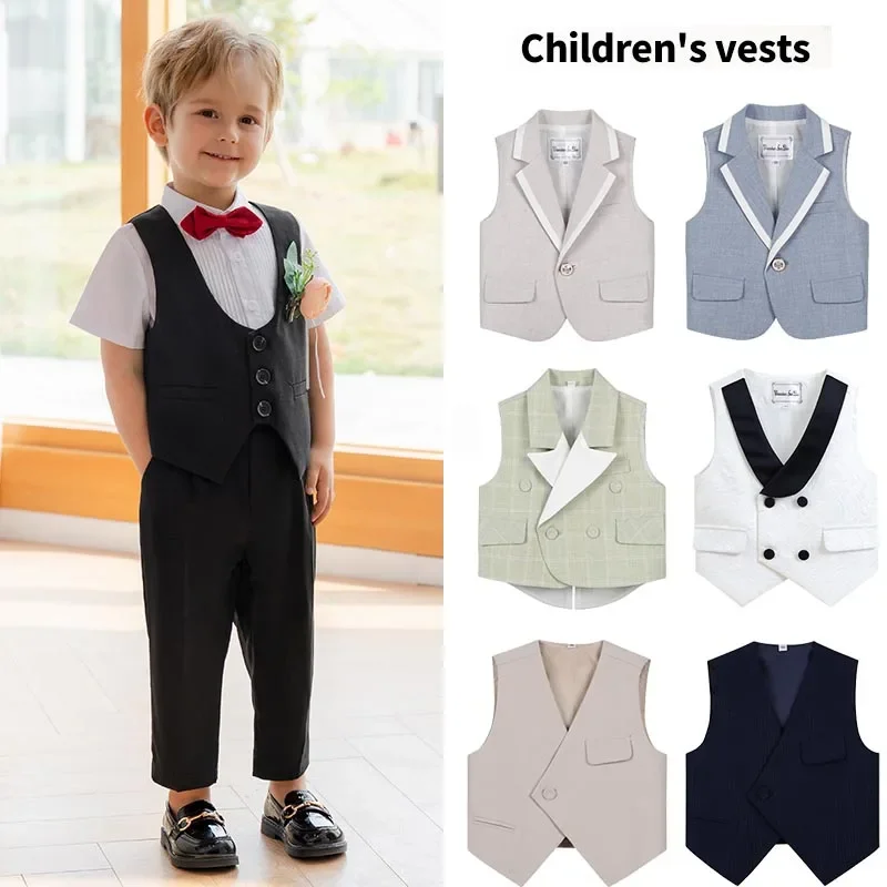 Boys Suit Vest White Gentleman Children Wedding Costume Summer Kids Piano Performance Waistcoats School Infant Sleeveless Tops