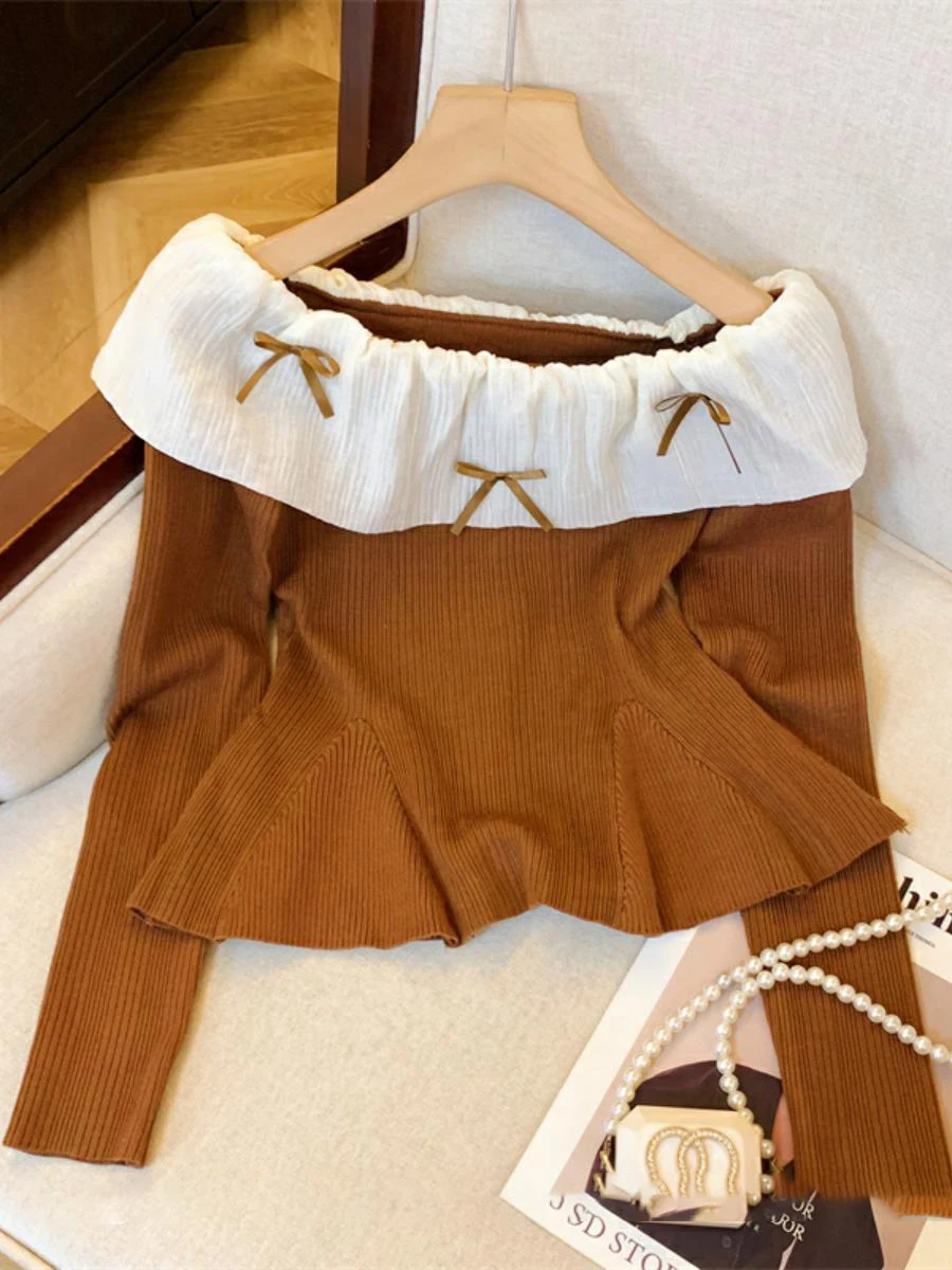 Korean Slash Neck Knitted Pullovers Women Spring Autumn Unique Bow Ruffle Edge Sweaer Fashion Slim Fit T-shirt Women's Tops