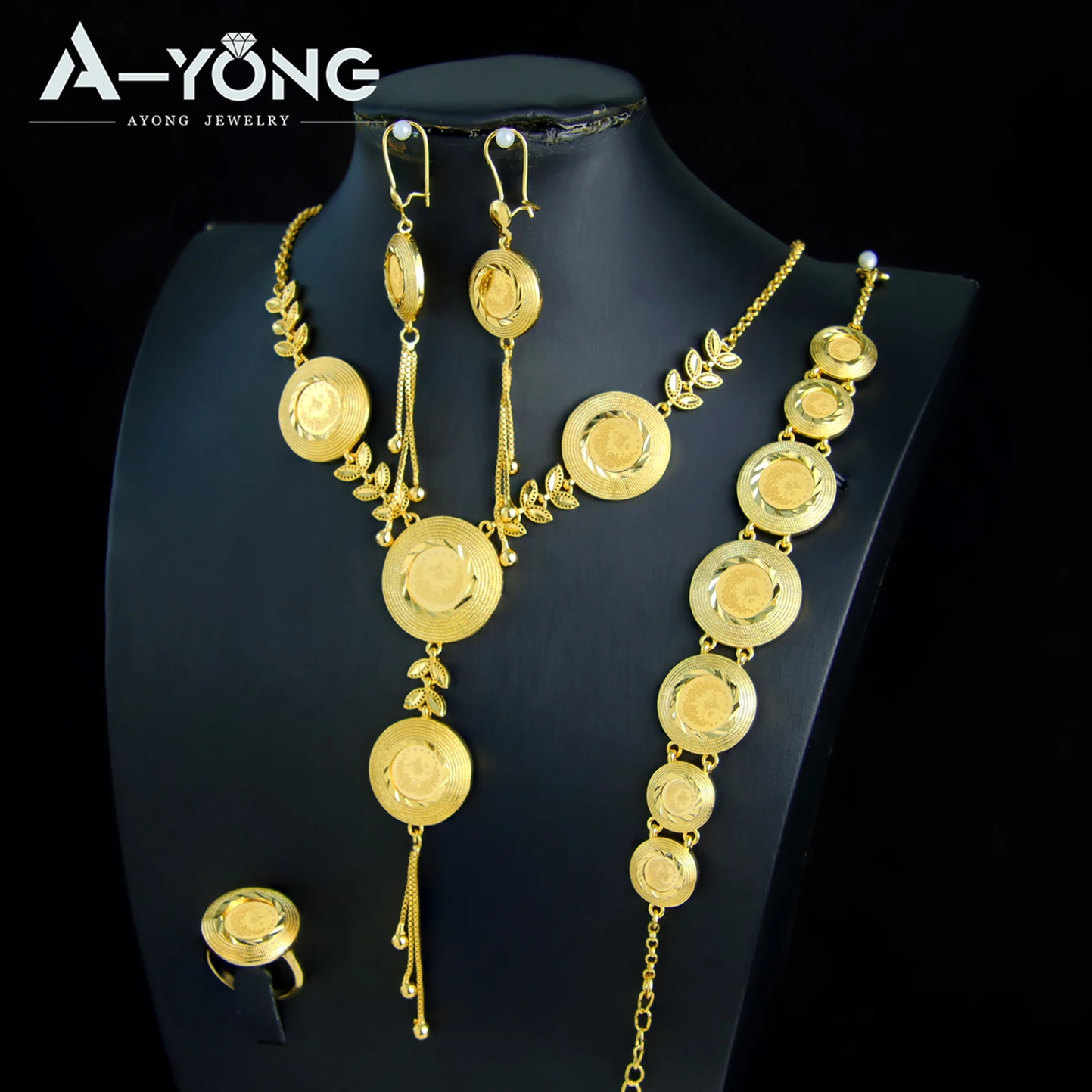 

Luxury Turkish Coins Jewelry Set 24k Gold Plated Dubai Fashion Necklace Bracelet Earring Ring Saudi Women Bridal Wedding Jewelry