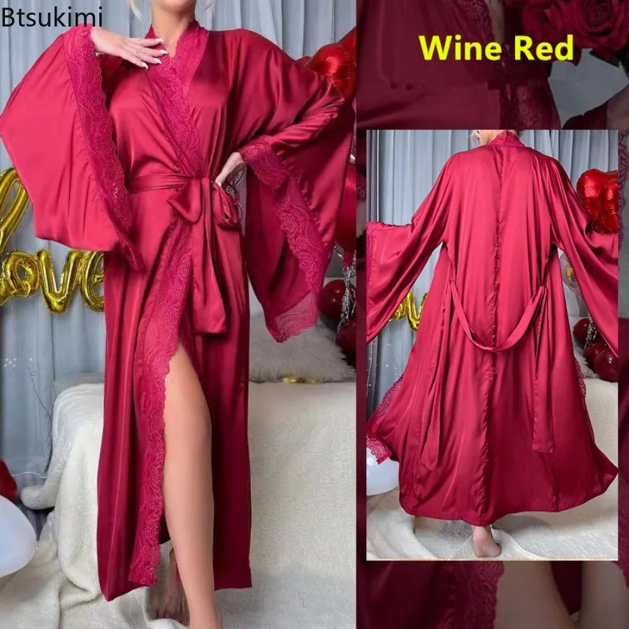 2025 Women's Long Solid Kimono Robes Sexy Lace Patchwork Lace-up Bathrobe Fashion Flare Sleeve Satin Nightgowns Women Loungewear