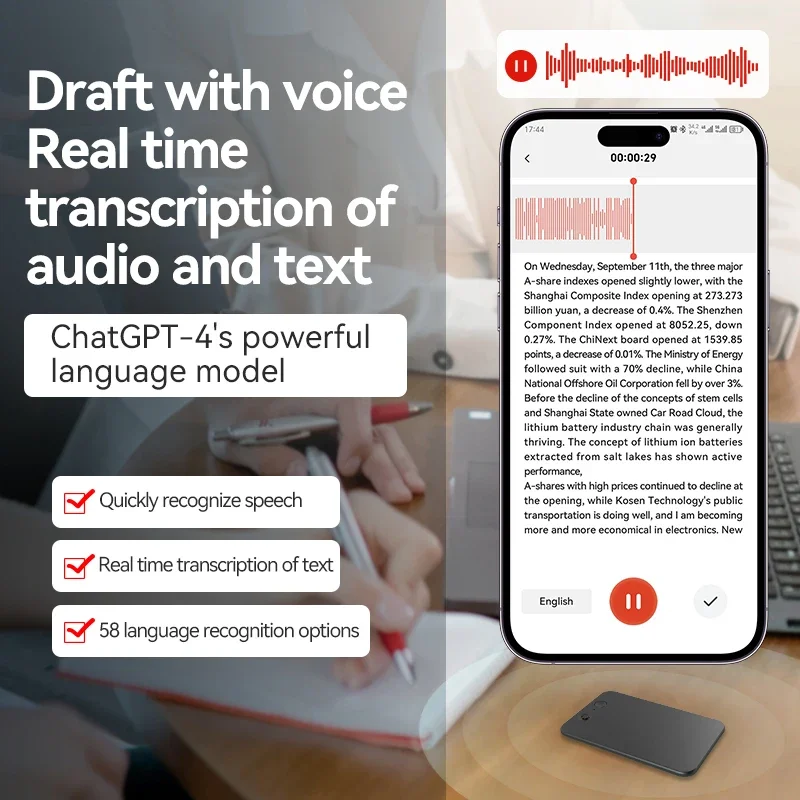 AI بالطاقة ChatGPT-4 App المكالمات الهاتفية مسجل صوتي Espia 8GB-128GB ترجمة Summarize اللغة جهاز الصوت الإملاء الصوتي