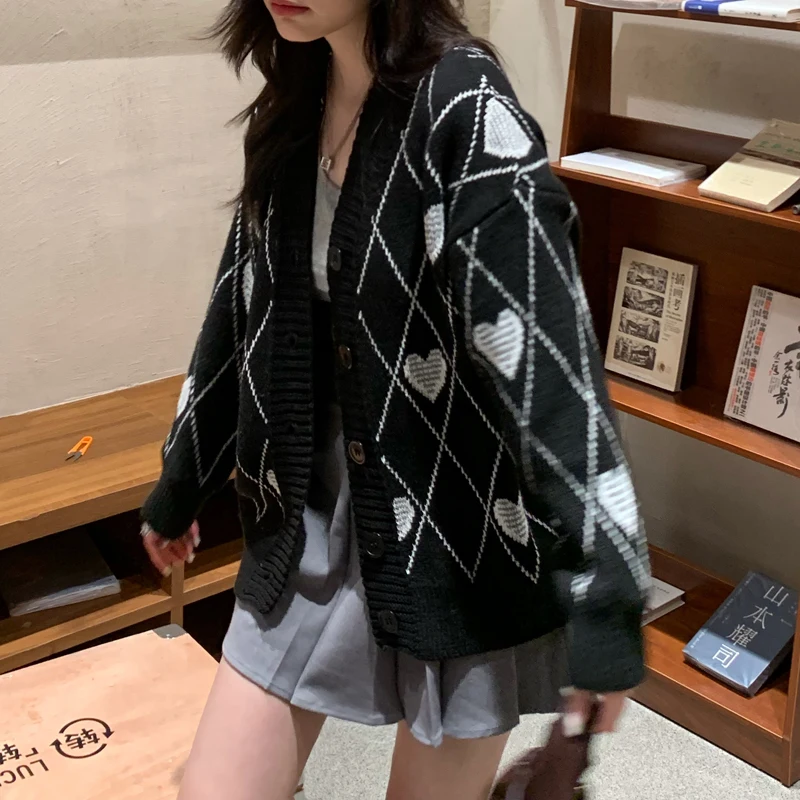 2023 Fall Oversized Cardigan Women Fashion V Neck Black Sweater Heart Jacquard Loose Single Breasted Winter Clothes Office Lady