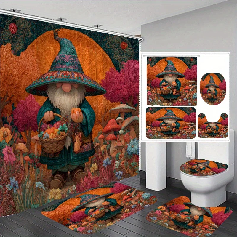 

4pcs Autumn Elf Garden Printed Shower Curtain Set, Ring Multi Size, Decorative Bathroom Set Includes Shower Curtain, Non-Slip