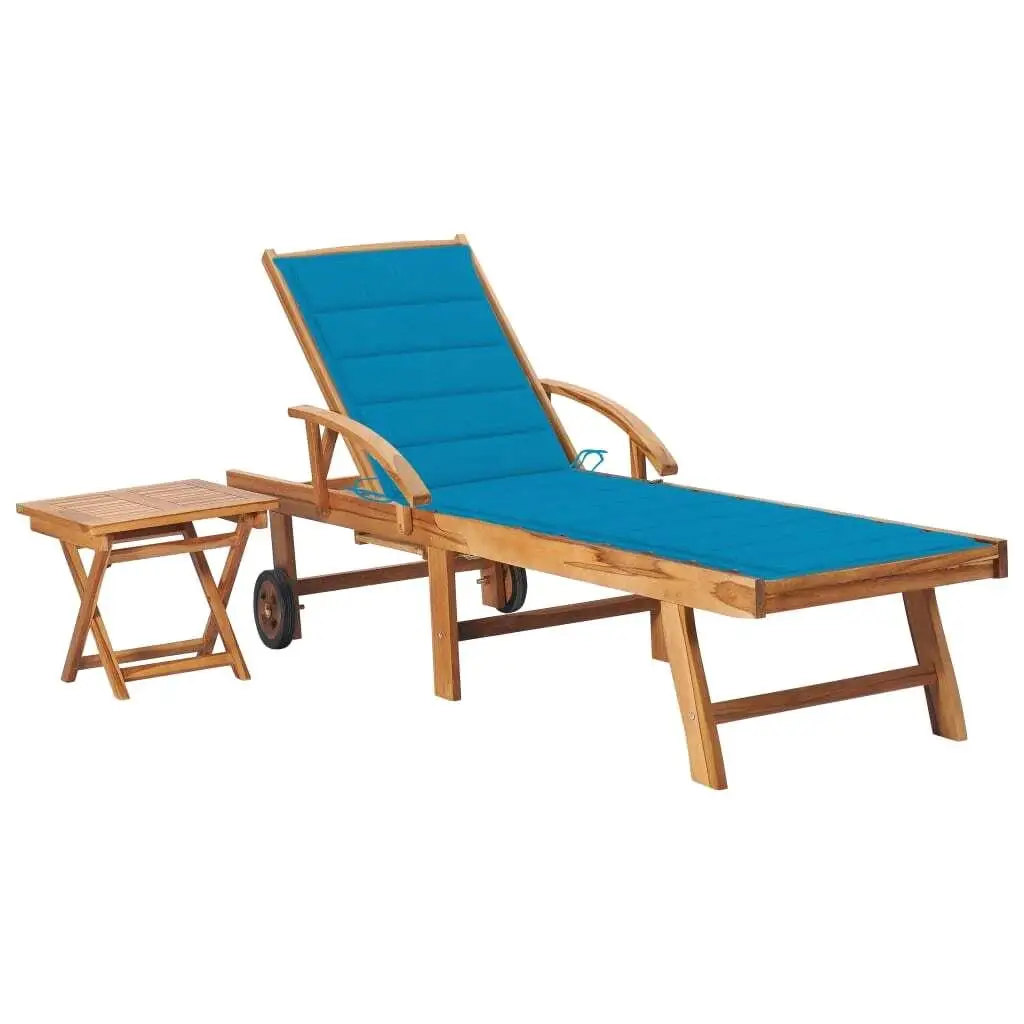 Ensemble chaise longue en bois de teck avec table et coussin, chaise longue d'extérieur