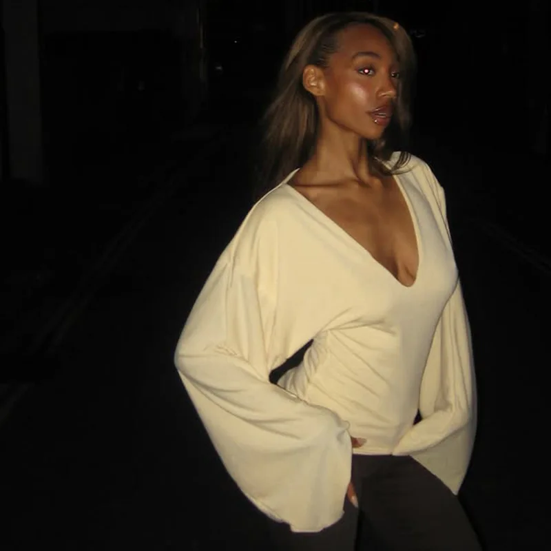 Women's Autumn Spring Top T-shirt V-neck Waist-cinching Solid Color Batwing Sleeves Simple Comfortable Casual Niche Versatile