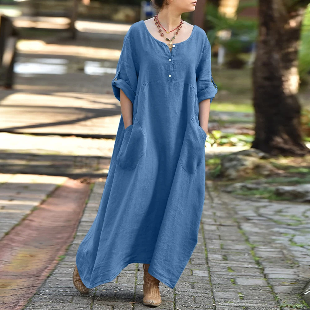 Women's casual Loose Long Dress Round Neck Pocket Party Cotton and Linen Solid Long Sleeved Maxi Dresses For Women Plus Size 5XL