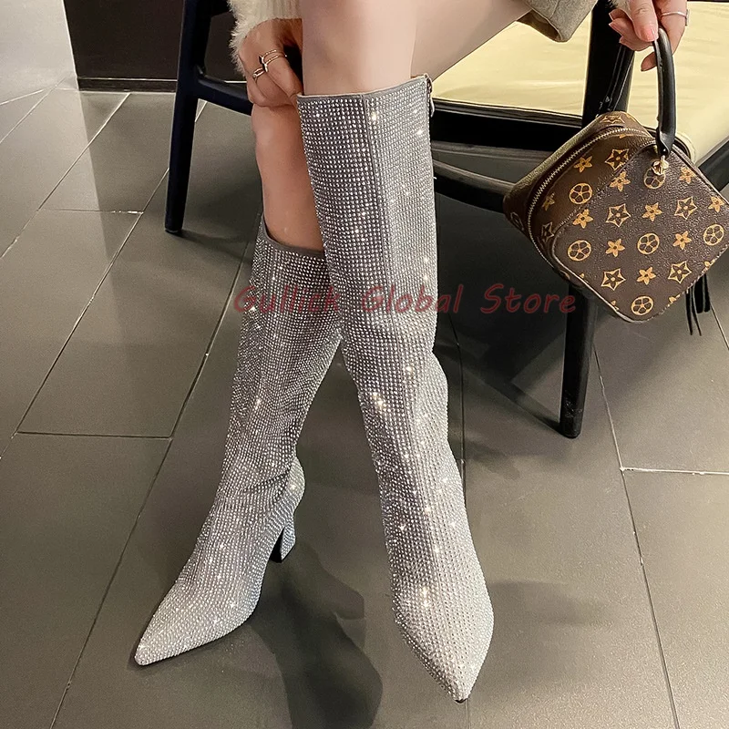 2024 New Arrival buty szpiczaste kopyto buty z kryształkami i długimi kolanami boczny zamek błyskawiczny eleganckie, przytulne klasyczne, na wiosnę