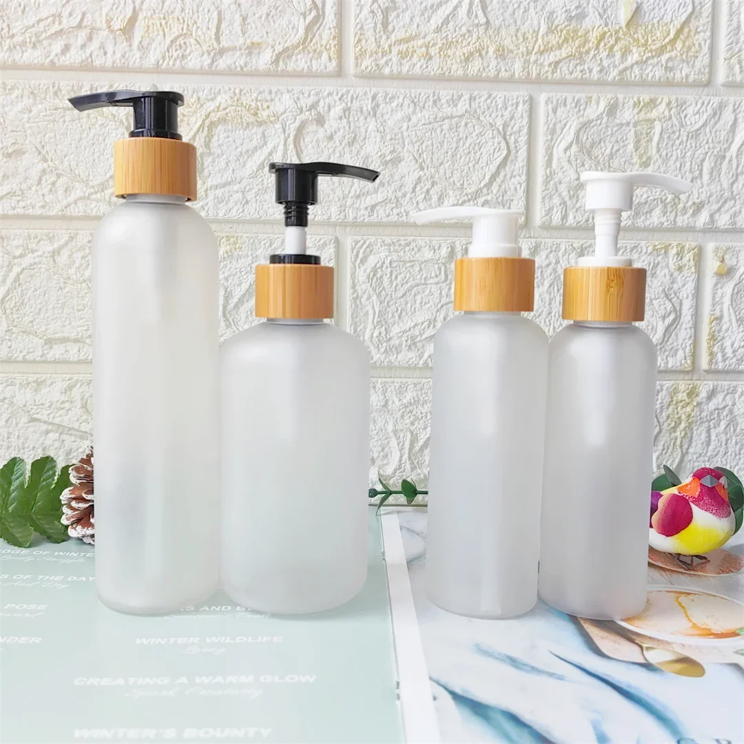 Botellas de plástico redondas vacías para mascotas, repuesto de desinfectante de manos, dispensador de bomba de bambú, emulsión, cuidado de la piel, champú de viaje, contenedores de líquidos