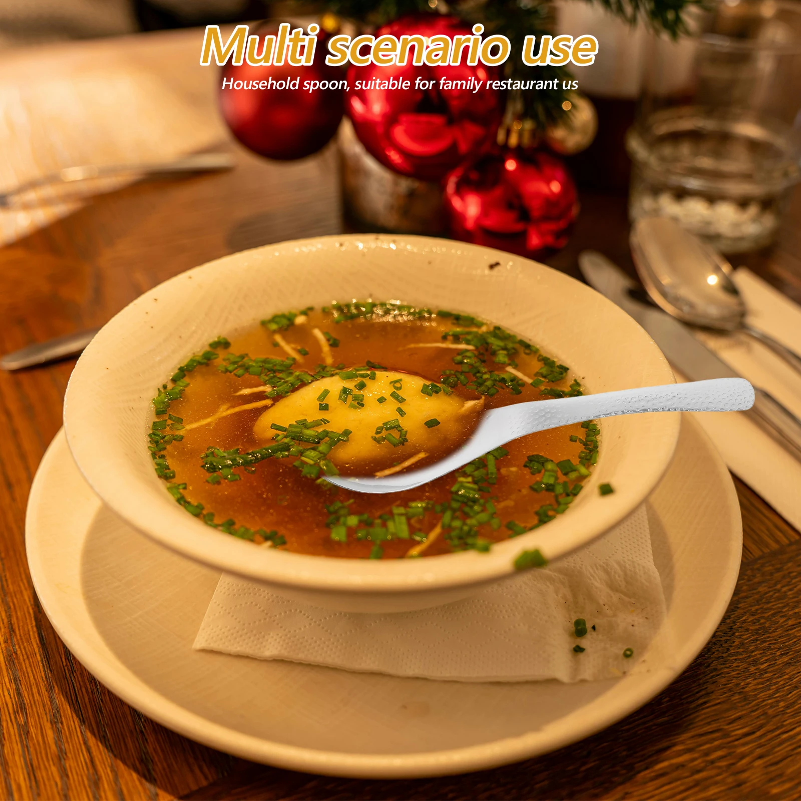 

Stainless Steel Spoon Long Handle Soup Dessert Dinner Utensil Round Bottom Hammered Design for Asian Ramen Porridge