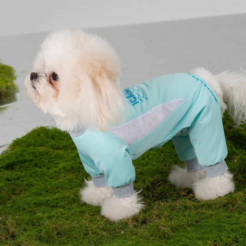 

Pet Mesh Sun Protective Clothes Summer Dog Ice Cooler Four Legged Clothes Teddy Letter Printed Jumpsuits Puppy Household Pullove