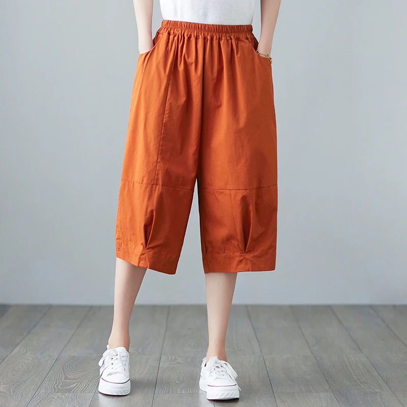 الراقية المرأة حجم كبير القطن عادية مستقيم الساق السراويل خمسة أرباع طول مريحة فضفاضة تناسب ملابس العمل بنطلون
