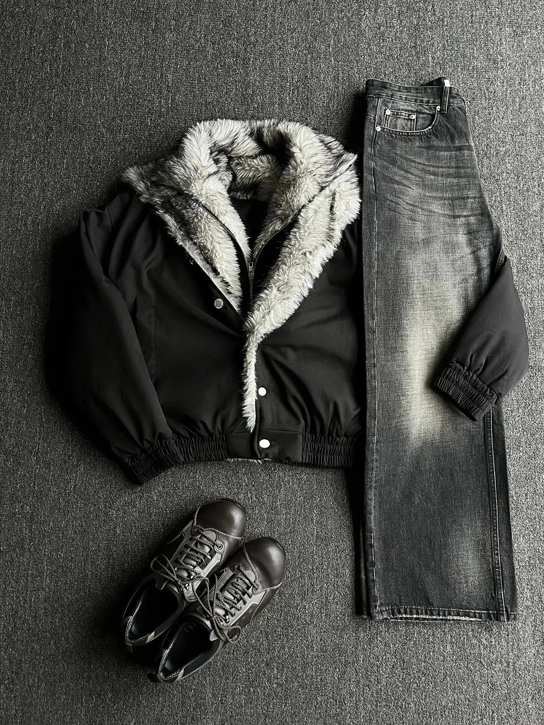 

Wolf Fur Mountain Eagle Faux Two-Piece Cotton Jacket Men's Winter Trend Brand Warmth Resistance Multi-Wear Fleece Lined Coat