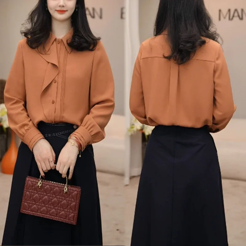 

Французская модная повседневная женская рубашка-поло с длинными рукавами и рюшами во французском стиле ретро, новый стиль 2025 года