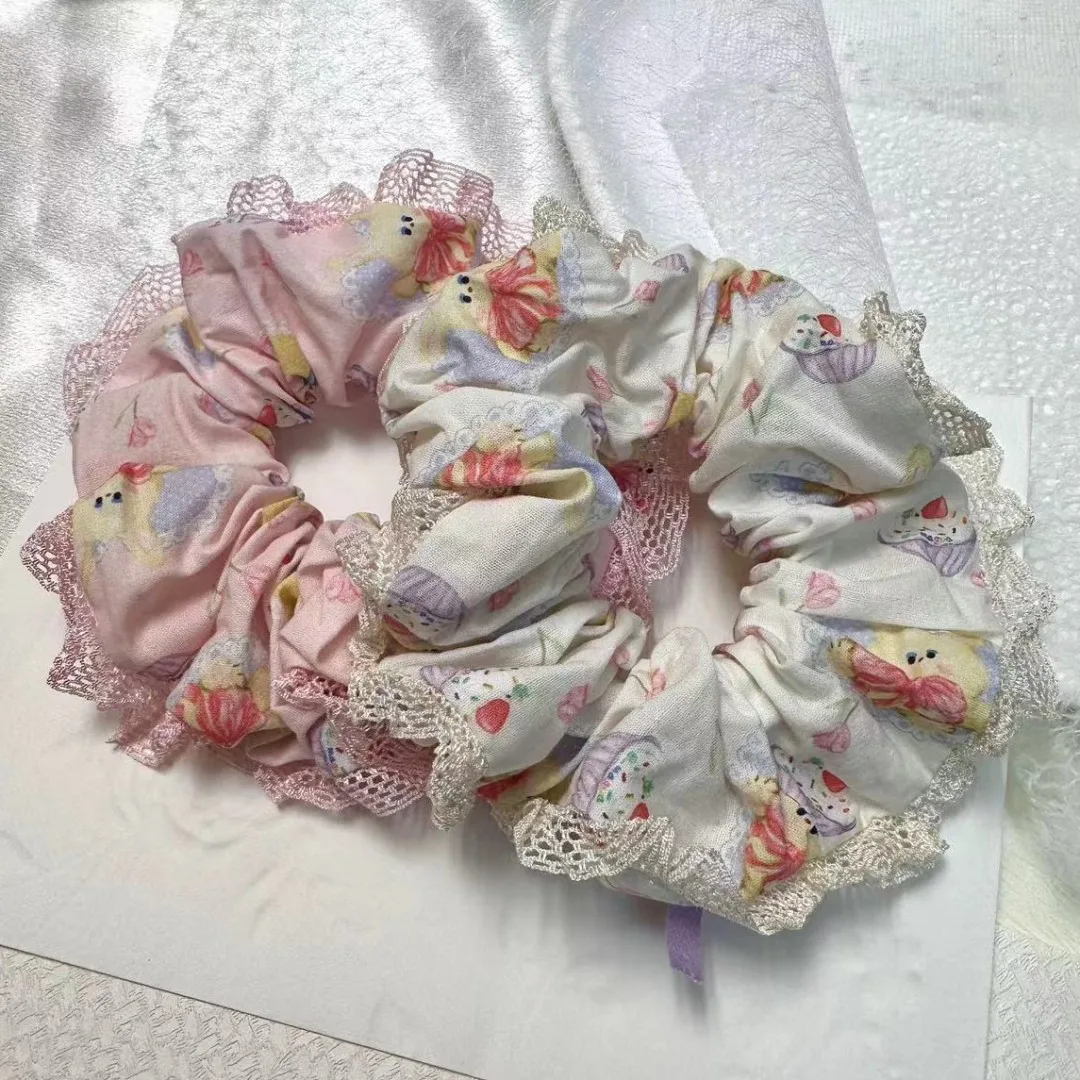 Lace Scrunchies Voor Haar Dot Beer Franse Stijl Elastische Haarbanden Voor Meisjes Haaraccessoires Roze Blauwe Haarbanden