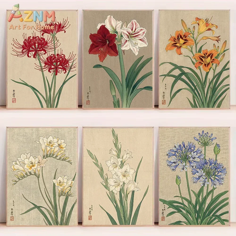 AZNM Japanese Vintage Floral Canvas Wall Art, Ukiyo-e Red Spider Lily Amaryllis Botanical Flower Art Print, Unframed Canvas Pain