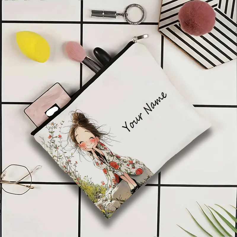 Personalized Name Canvas Wash Bag,Cartoon Girl Print Makeup Purse,Custom Travel Cosmetic Pouch,Festival Gift for Girls Women