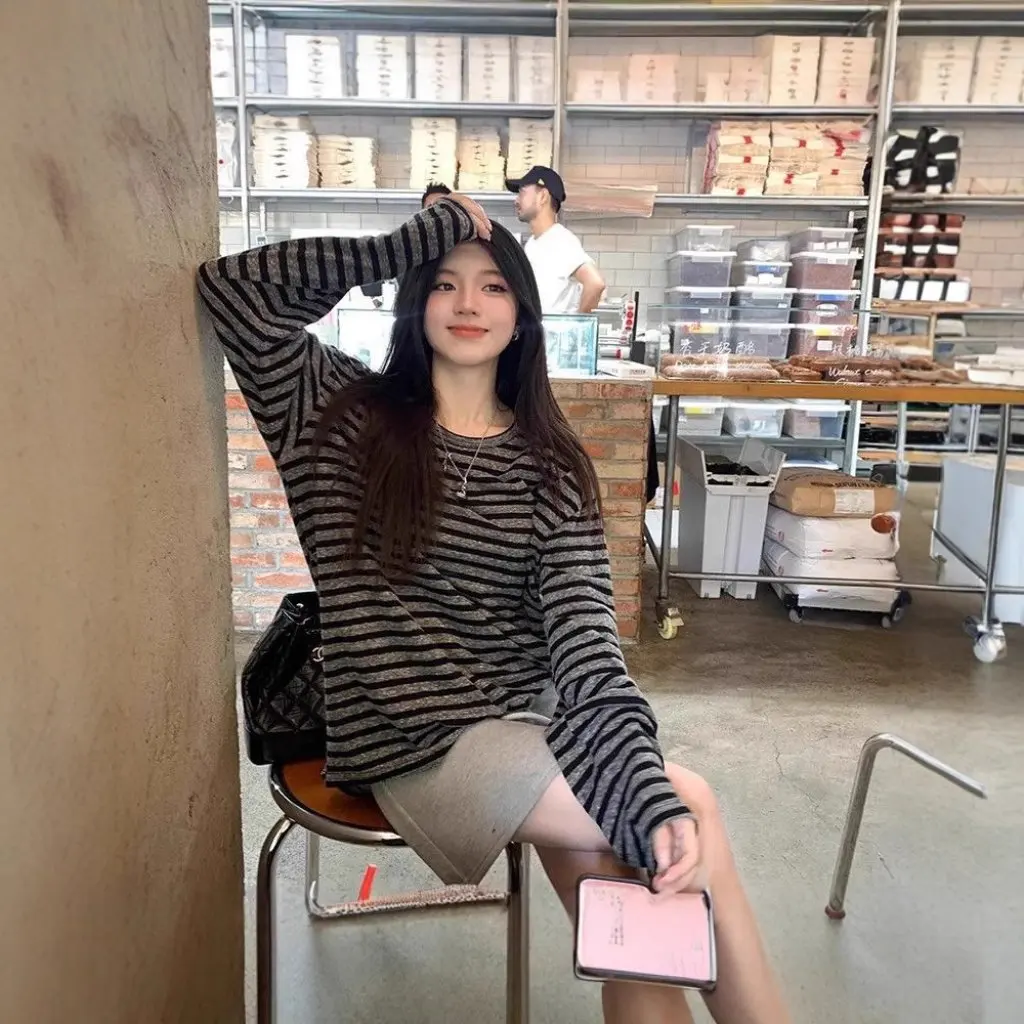 

Women's Loose Midi Long Sleeve T-Shirt Lazy Style Chic Spring Autumn Winter American Stripe Base Shirt