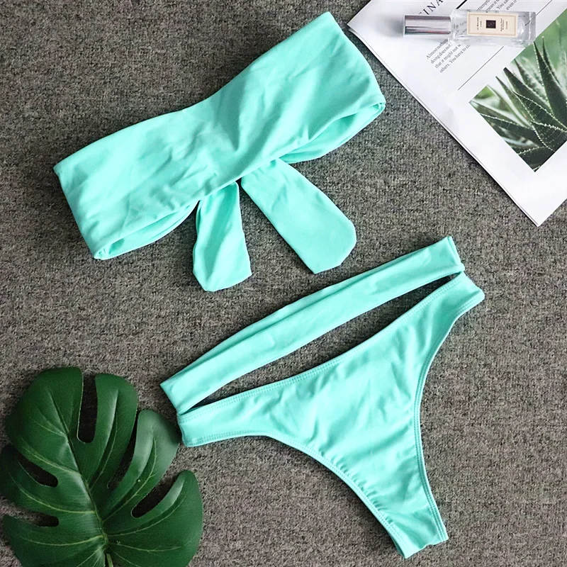 Costume da bagno tubolare con nodo superiore da donna, costume da bagno in due pezzi, bikini sexy a vita alta in cristallo