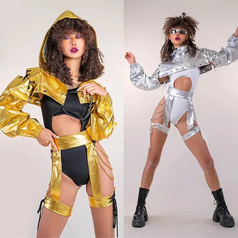 

Sexy Women Hip Hop Jazz Dance Performance Costume Gold Silver Leather Hooded Cloak Bodysuit Party Festival Outfit SexyStage Wear