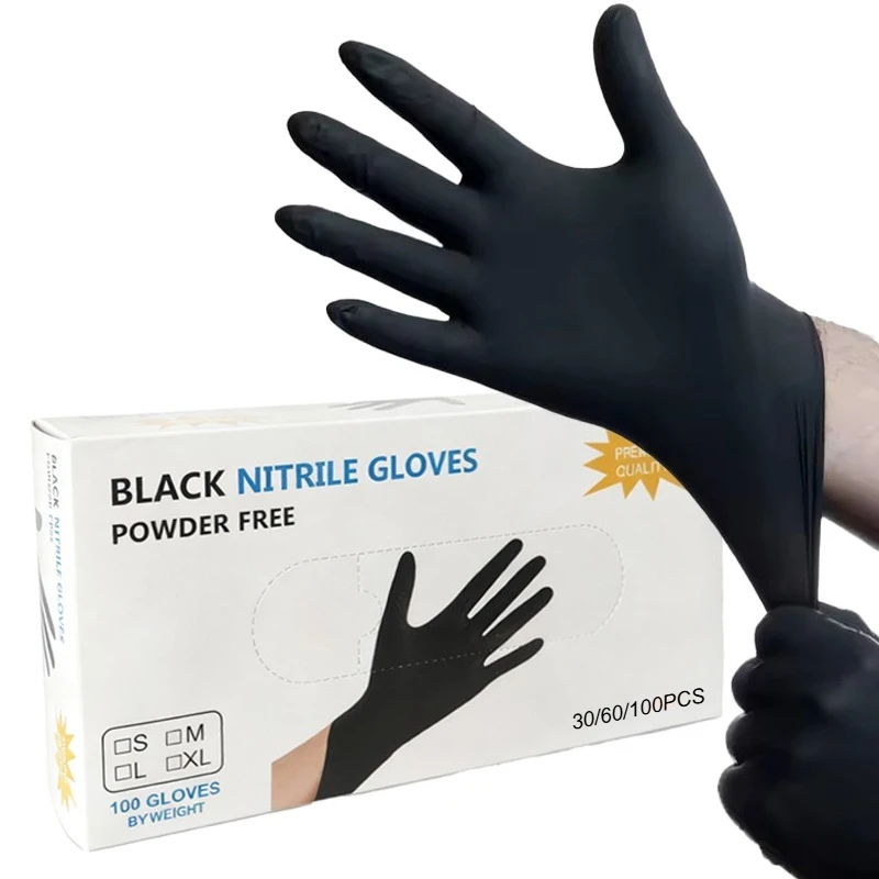 100/60/30PCS Schwarz Nitril Handschuhe Einweg Nitril Handschuhe Reinigung Tattoo Schönheit Friseur Wasserdichte Rutschfeste Werkzeuge
