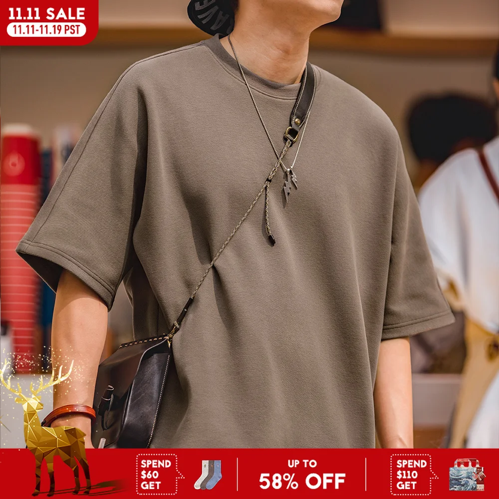 

Maden Retro 340g/m² Heavyweight Round Neck Pique Cotton T-shirt Loose Silhouette Solid Color Short-sleeved Top for Men's Summer