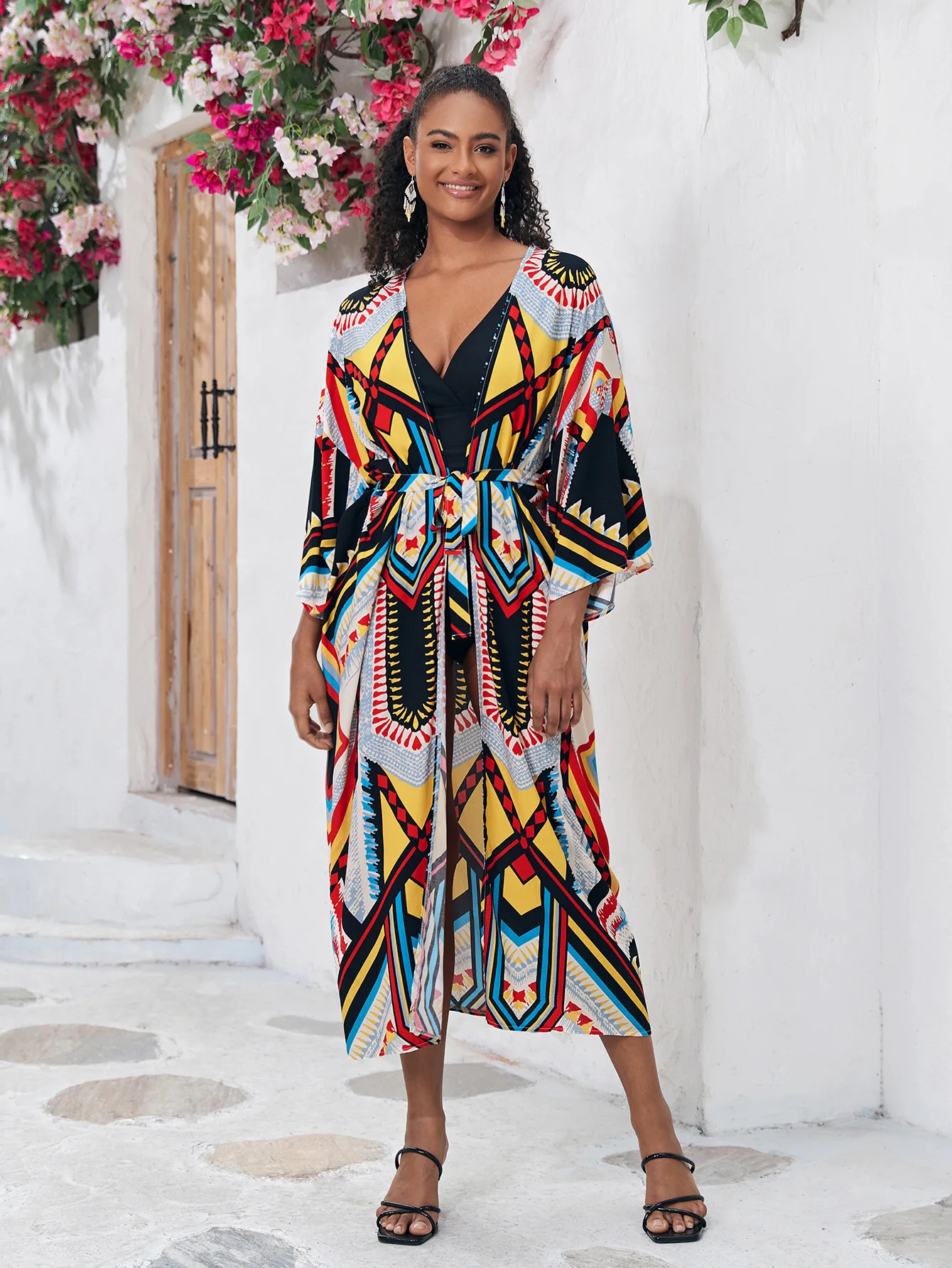 كيمونو نسائي طويل مطبوع بوهيمي ، فستان شاطئ ملفوف ، غطاء بيكيني ، ملابس صيفية ، بدلة سباحة ، سترة سترة متخفية