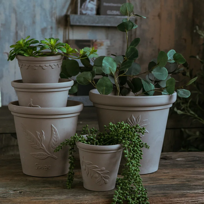 Gray pottery flower pot, original soil clay pot, gray pottery relief, vegetarian-fired ceramics, succulent and breathable