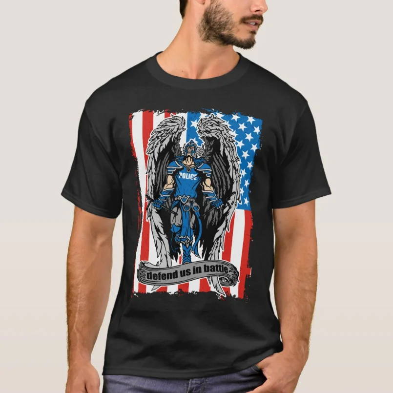 

Defend Us In Battle. St. Michael American Flag T-Shirt Short Sleeve Casual 100% Cotton O-Neck Mens T-shirt Size S-3XL