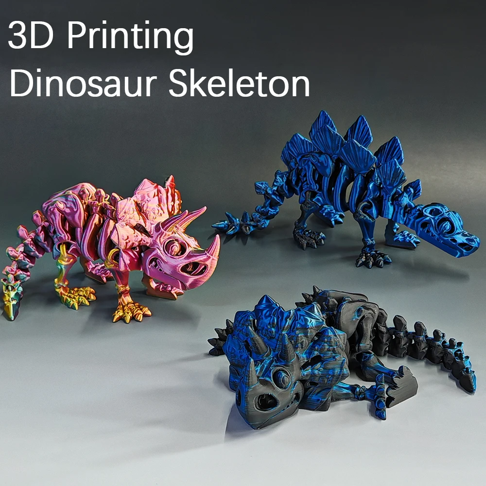 3D Printed Toy Dinosaur Skeleton Triceratops Stegosaur Gradient Color Laser Joint Mobility Black-Blue Golden-Red-Green Model Toy