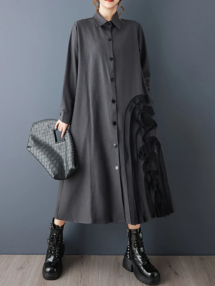 Oversized retalhos preto vintage camisa vestidos para as mulheres primavera outono nova manga longa solto vestido casual roupas elegantes 2025