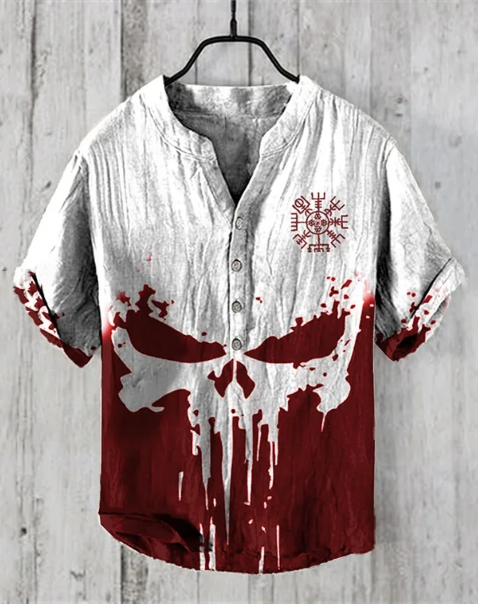 2025 Summer New Art Print pattern men's 100% linen shirt button large V-neck short-sleeved comfortable shirt - Image 5