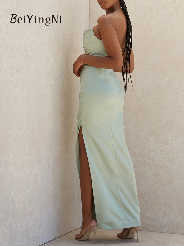Beiyingni امرأة حمالة فستان طويل للحفلات المسائية Ruched الساتان أنيقة ضئيلة أسود أخضر ماكسي فساتين مثير الراقية فستان فاخر #4
