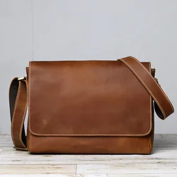 Retro Mad Horse Cowhide Men's Foreskin Layer Cowhide Single Shoulder Crossbody Bag  Leather Horizontal Handmade Messenger Bag