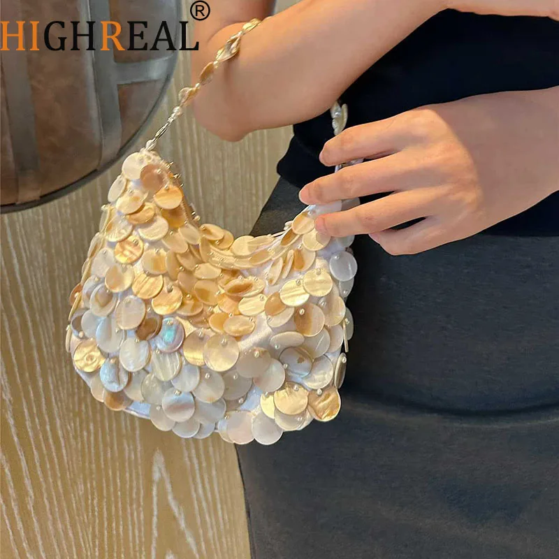 

Luxury Sequin Internal Chain Crossbody Shoulder Bag Shell Wooden Circular Handle Handbag Women Beach Travel Tote Bag