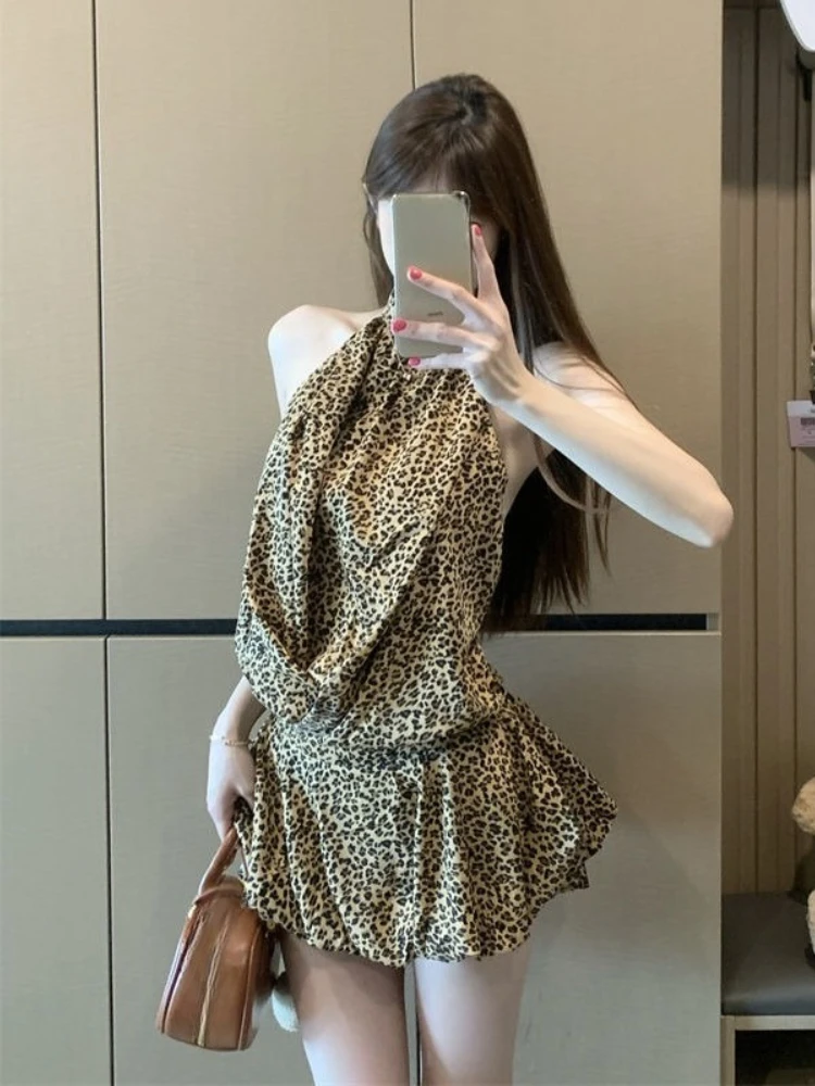 

Леопардовое пышное мини-платье Y2k, облегающее сексуальное короткое вечернее платье 2000-х годов, американская винтажная корейская модная одежда, 2025 готический шик