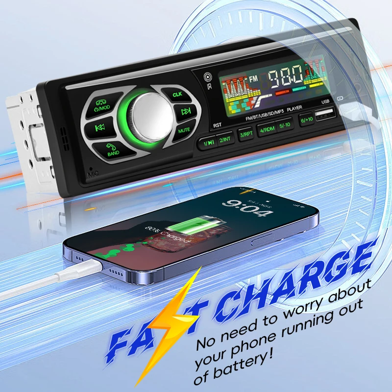 Hippcron راديو السيارة 1din الصوت بلوتوث مشغل MP3 ستيريو FM استقبال مع أضواء ملونة AUX/USB/TF بطاقة في داش كيت