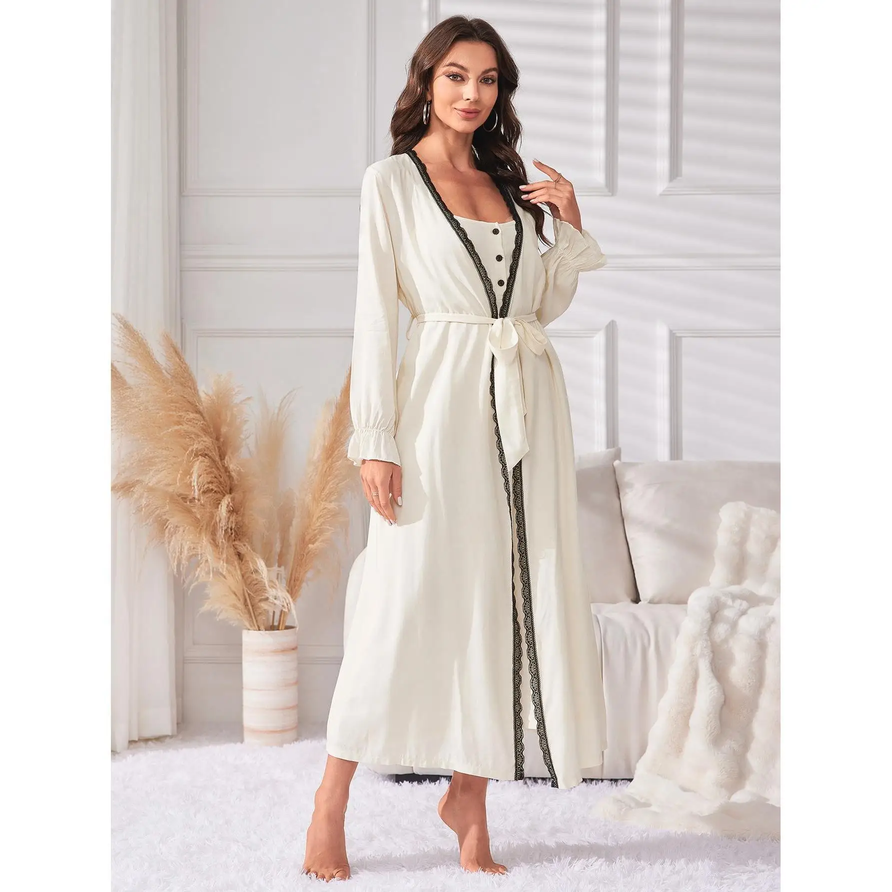 Women's Two Piece Set Simple Casual Medium Long Sleeved Suspender Nightgown All Seasons Home Pajamas XL Size Robe Nightdress