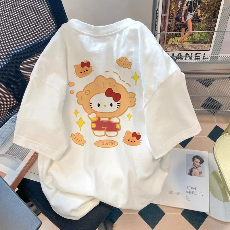 

Футболка женская универсальная из чистого хлопка с коротким рукавом и мультяшным принтом Hello Kitty