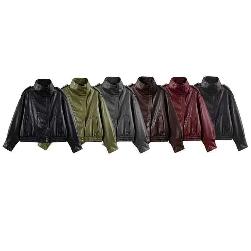 Guobioziy Women's Jacket 2026 Fall/Winter New Simple and Stylish Solid Color Stand Collar Long Sleeve Faux Leather Bomber Jacket