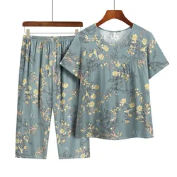 XL-4XL Printed Middle Aged Mother Sleepwear Set Cotton Plus Size Nightwear Pajamas For Women Short Sleeve Capri Pants Home Suit