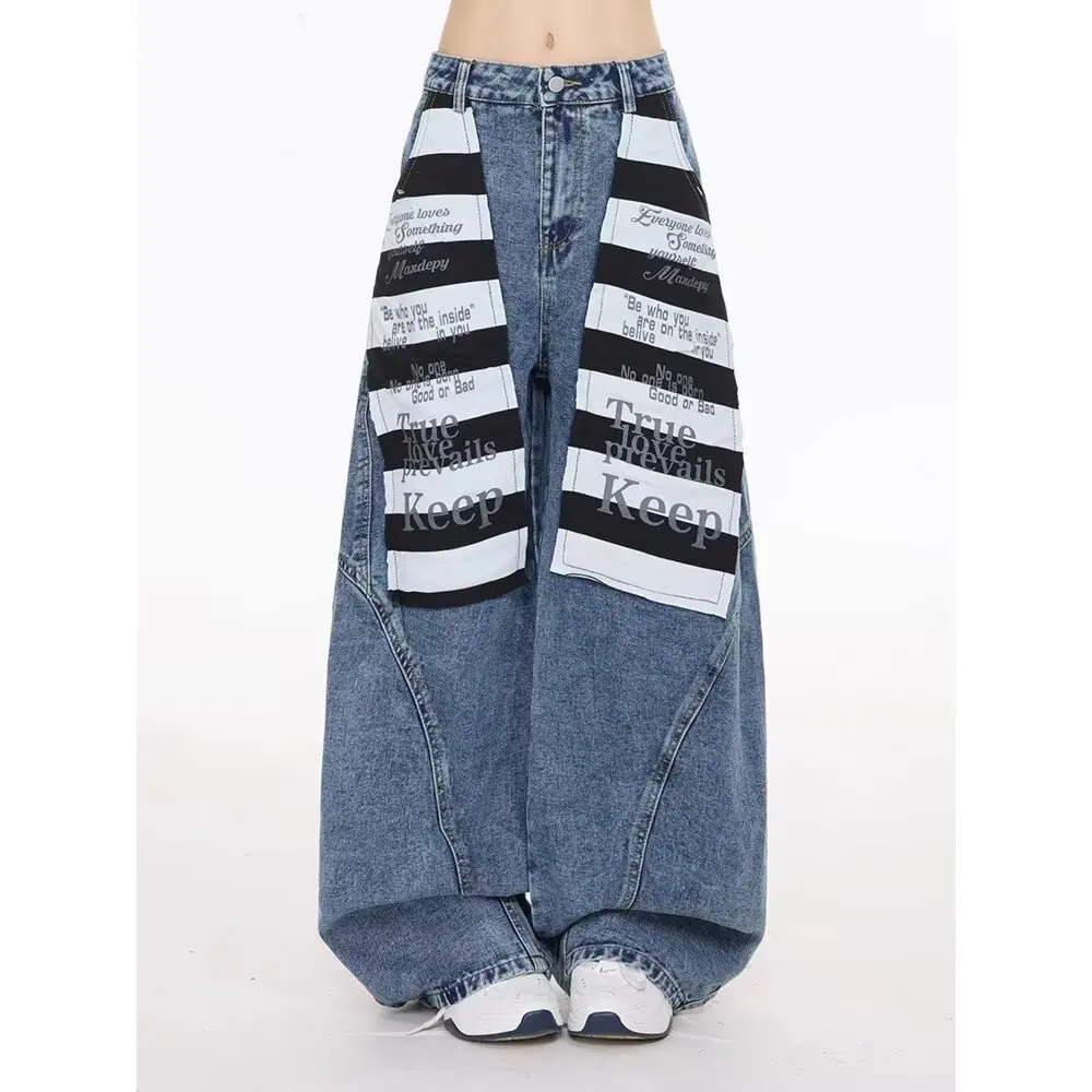 Y2K New Retro American Style Striped Denim Jeans Unisex High Quality Gothic Trendy Loose Wide Leg Pants Long Trousers